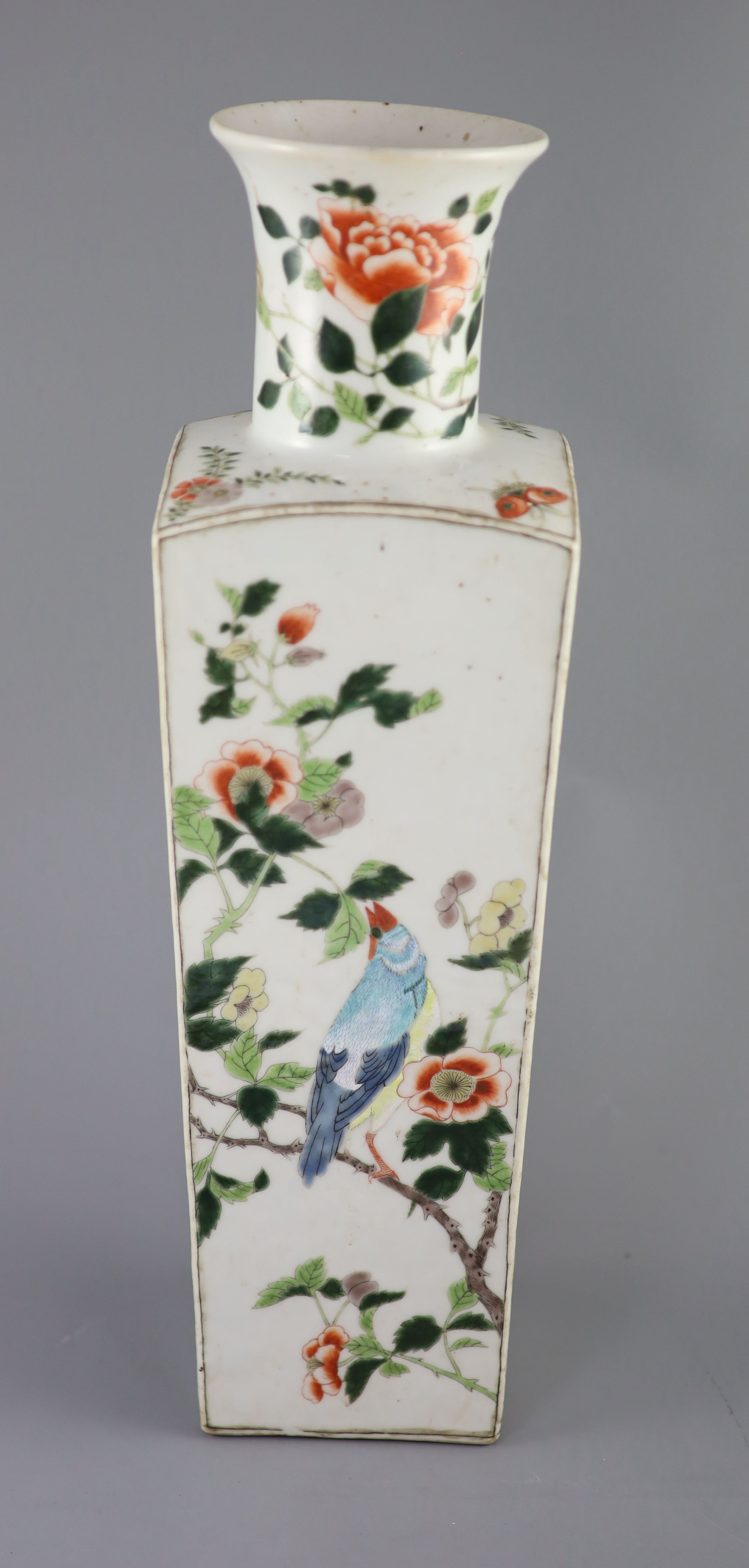 A large Chinese famille verte square tapered vase, 19th century, 49cm high